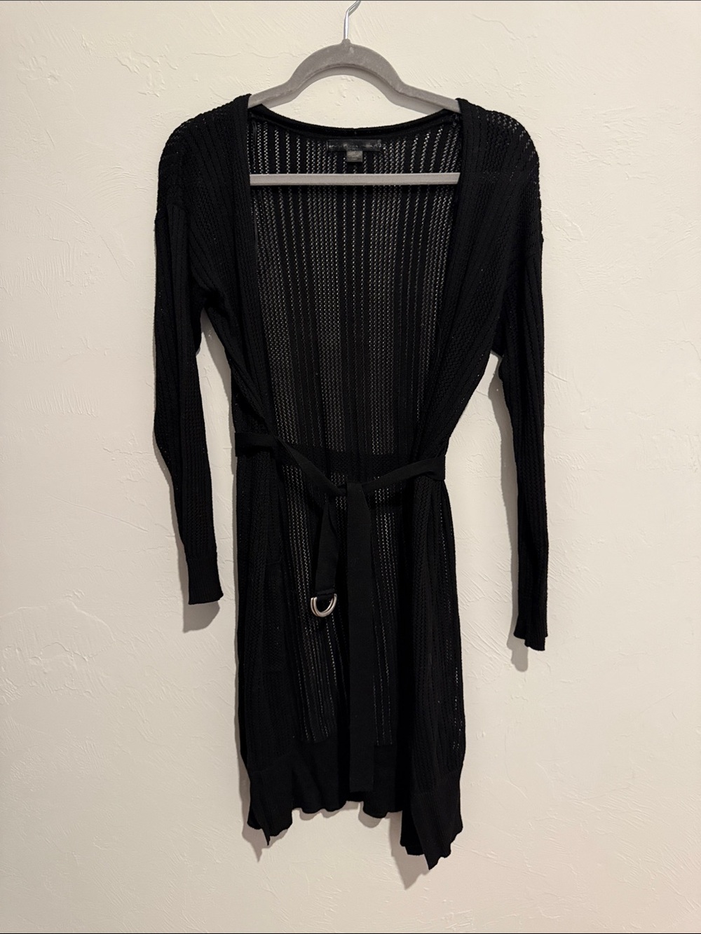 united states sweaters Black Open-Knit Long Sleeve Belted Cardigan